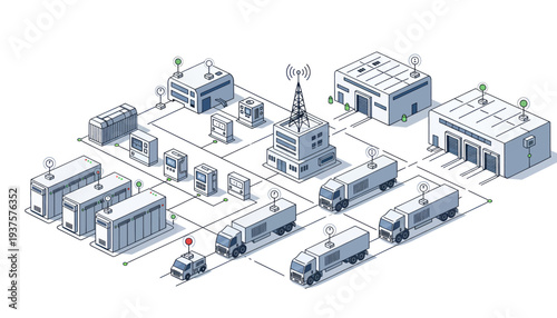Isometric illustration of an industrial facility with various buildings and machinery.