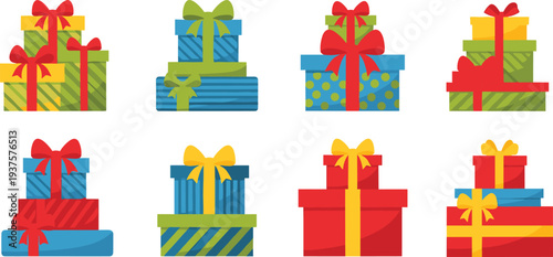 Large collection of colorful gift boxes with ribbons and bows in various patterns and colors isolated on white background for holiday celebration design