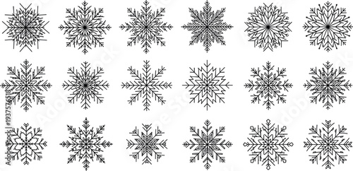 Set of detailed snowflake line icons isolated on white background, winter frost crystal collection for Christmas decoration, seasonal patterns, and cold weather design