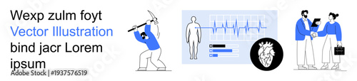 Healthcare, cardiovascular monitoring, teamwork, digital collaboration, medical records, professional interaction. Stylized medical workers, heart scan and EKG illustration. Healthcare and digital