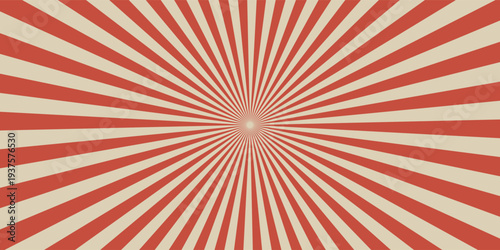 Circus vintage tent background. Retro sun rays pattern. Vintage starburst poster. Star burst radial lines texture. Red stripes. Circus, carnival, summer fair backdrop. Vector illustration.