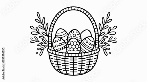 Easter eggs in a wicker basket with floral decorations on a white background symbolizing springtime and holiday traditions