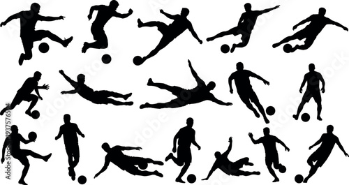Soccer player silhouette collection with football action poses, dribbling, kicking and sliding tackles isolated on white background, sports athlete movement set illustration