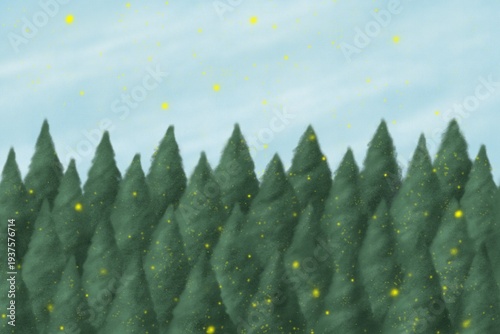 Spring Forest Illustration with Cedar Trees and Scattering Pollen