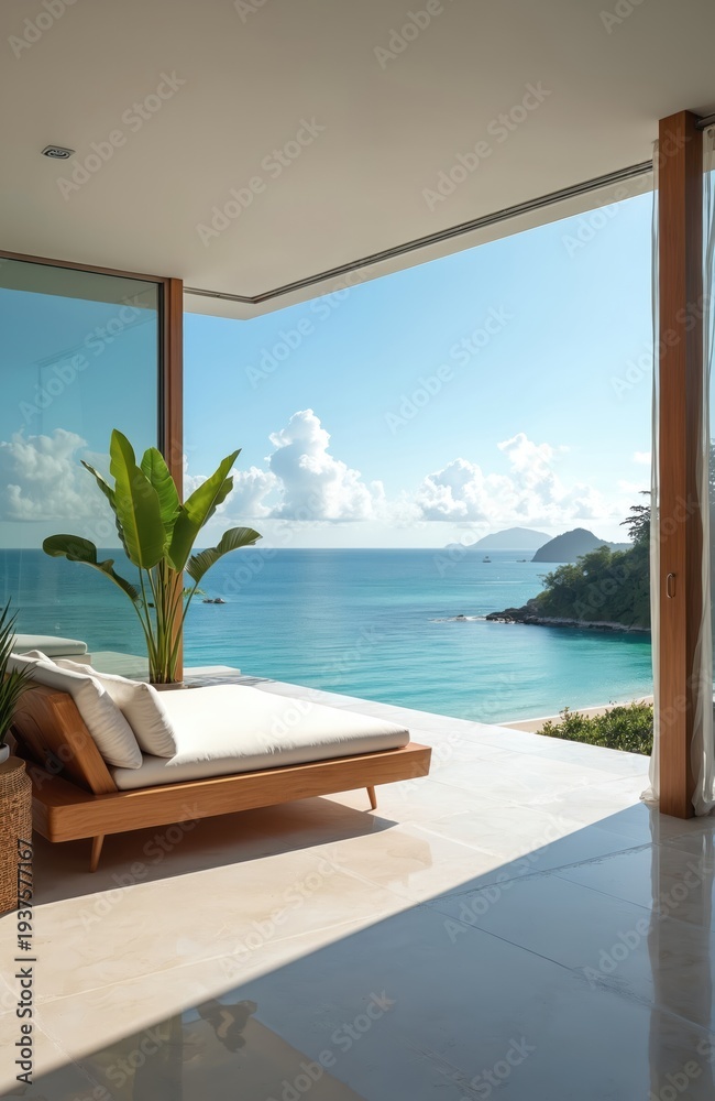 Obraz premium Modern luxury villa balcony with daybed overlooks calm turquoise ocean bay. Lush green island hills meet bright blue sky with fluffy clouds. Peaceful coastal paradise escape.