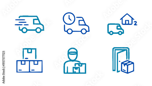 Logistics icons including delivery truck, courier, package boxes, warehouse, and shipping service.