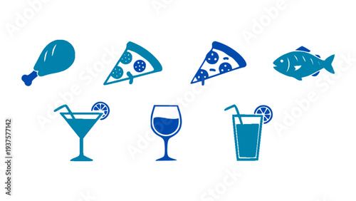 Food icons including chicken leg, pizza, fish, cocktail, wine glass, and juice drink.