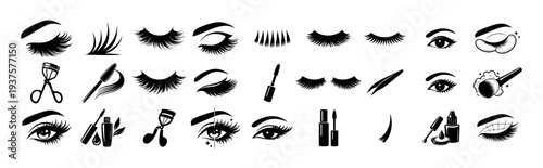 Eyelash Extension and Lash Beauty Icon Set – Mascara, Lash Curler, Tweezers, False Lashes Silhouette Collection