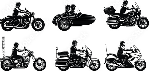 Set of black motorcycle silhouettes including cruiser chopper police bike sportbike and sidecar isolated on white background for biker club and transportation design