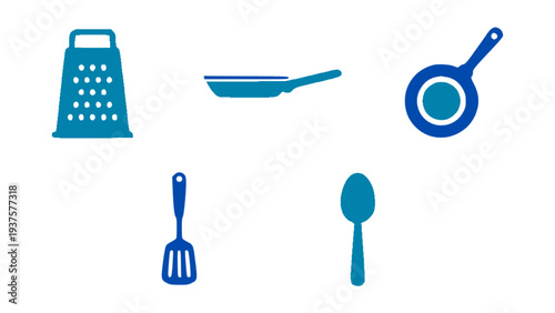 Kitchen tool icons including grater, frying pan, spatula, and spoon for cooking and food preparation.