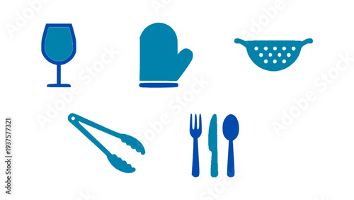 Dining and cooking icons including wine glass, oven mitt, colander, tongs, and cutlery.