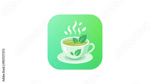 Close-up of a steaming cup of green wellness tea with fresh mint leaves on a saucer, symbolizing healthy beverages and relaxation.