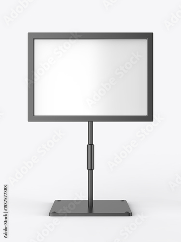 Blank tabletop advertising display stand with rectangular frame and adjustable metal pole on a solid base. Minimal black sign holder isolated on light background, ideal for branding.