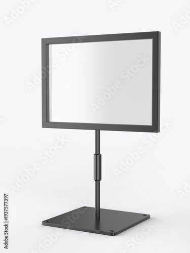 Blank tabletop advertising display stand with rectangular frame and adjustable metal pole on a solid base. Minimal black sign holder isolated on light background, ideal for branding.