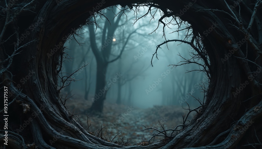 Fototapeta premium Dark gnarled tree roots frame a misty forest path with bare branches. A faint moon hangs in the hazy, twilight sky. Scene evokes eerie, haunting atmosphere suitable for horror tales.