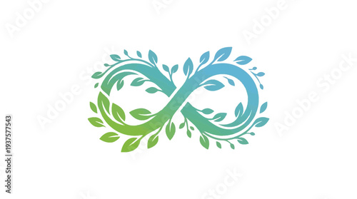 Infinity symbol formed by green and blue leaves, representing eternal growth, nature, and mindfulness in a serene, organic design.