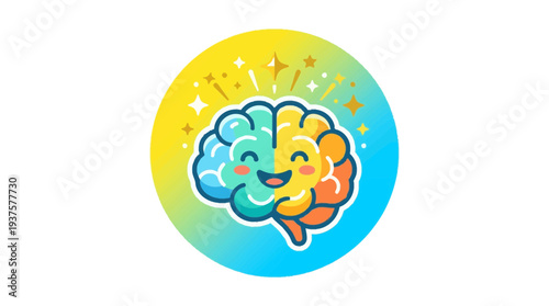 Happy, smiling cartoon brain with two distinct halves, one blue and one yellow, surrounded by sparkling light rays, symbolizing intelligence and creativity.