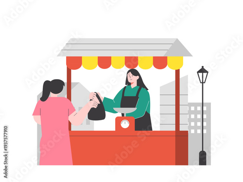 A person behind a red stall is passing a packaged item to a customer. Asian street food illustrations. Flat vector concept.