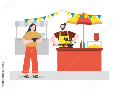 A street food vendor preparing food at a stall for a customer. A street food vendor preparing food at a stall for a customer. Asian street food illustrations. Flat vector concept.