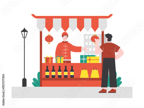 A vendor in traditional attire is selling gifts, goods, and souvenirs from a decorated counter stall. Asian street food illustrations. Flat vector concept.