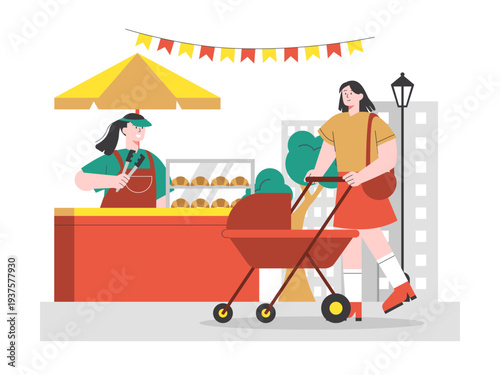 A vendor sells snacks such as cakes or bread from a stall to a woman who walks past the stall while pushing a baby stroller. Asian street food illustrations. Flat vector concept.