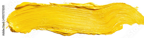 A smear of thick, textured yellow paint on a transparent background, revealing brushstrokes