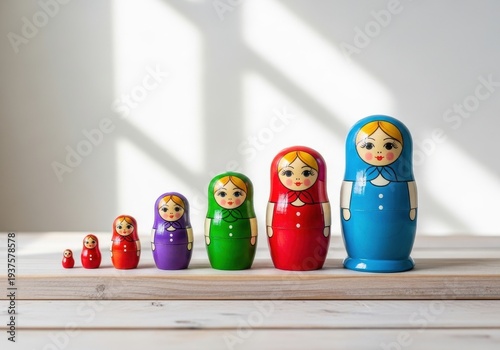 Colorful Matryoshka Dolls Displayed on Wooden Surface with Light