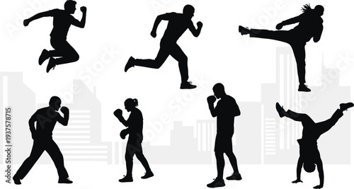 Set of Black Silhouette Vector Illustrations Featuring People in Dynamic Combat Sports Martial Arts Boxing and Running Poses Against a City Skyline Background