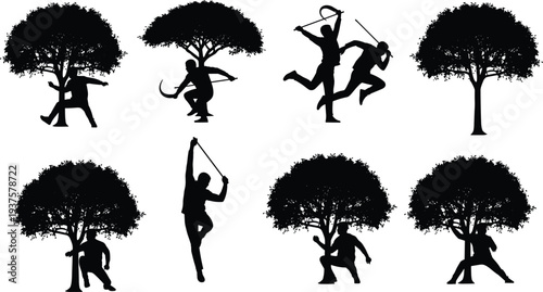 Set of Black Silhouette Vector Illustrations Featuring Professional Arborists and Workers Trimming Pruning and Climbing Trees for Landscaping and Forestry Management Service Designs