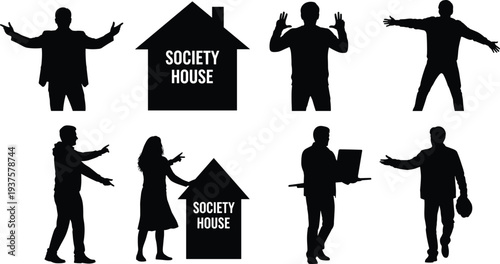 Set of Black Silhouette Vector Illustrations Featuring Real Estate Agents Men and Women Interacting with Society House Icons in Various Professional Business Poses