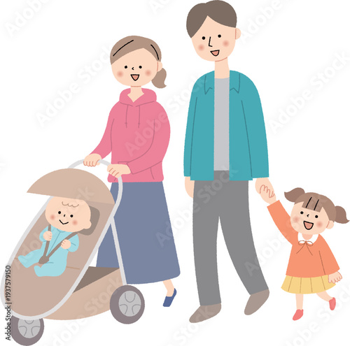 ベビーカーを押すママと家族