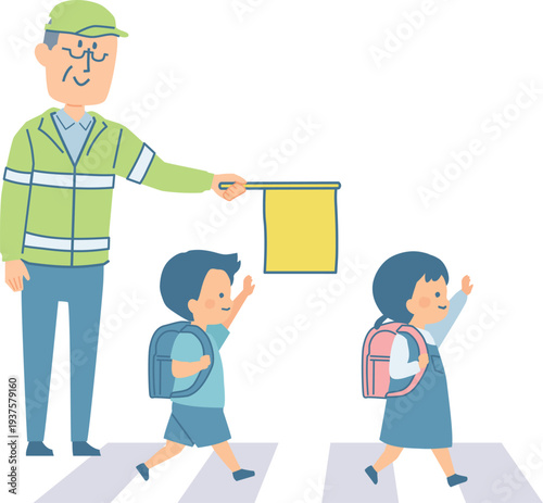 横断歩道を渡る小学生と地域ボランティアの男性のイラスト