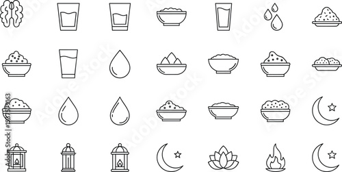 Set of minimalist line icons for Ramadan and wellness featuring lanterns crescent moons lotus flowers water droplets and bowls of traditional food for spiritual design.
