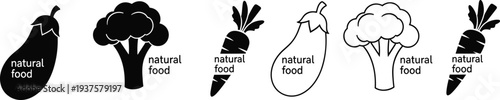 Set of natural food vegetable icons including eggplant broccoli and carrot in solid black and outline styles for healthy eating and organic products