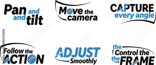 Set of Professional Videography and Cinematography Typography Designs Featuring Pan and Tilt Camera Movement Phrases for Film Production Video Editing and Digital Creator Content