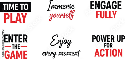 Set of six motivational quotes featuring bold red and black typography for gaming, sports, personal productivity, immersion, and active lifestyle inspiration in a modern style.