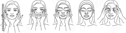 Set of skincare routine line art icons showing a woman applying face cream moisturizing wearing a sheet mask and massaging skin for beauty treatments
