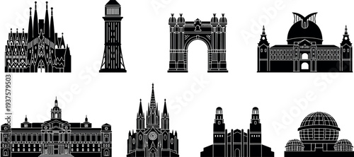 Barcelona landmark silhouettes collection including Sagrada Familia Arc de Triomf and famous city architecture isolated vector illustration of Spanish travel monuments