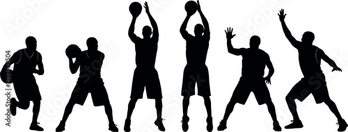 Basketball player silhouette set featuring dribbling shooting passing and defending poses isolated vector illustration of athletic sports action figures for team game design