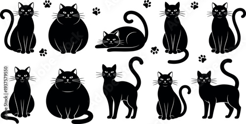 Black cat silhouette collection with different sitting standing and lying poses isolated vector set of cute feline pets with paw prints