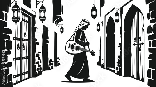 Arab Musician Walking in Traditional Middle Eastern Street Playing Oud Instrument Islamic Architecture Cultural Scene Silhouette Vector Illustration