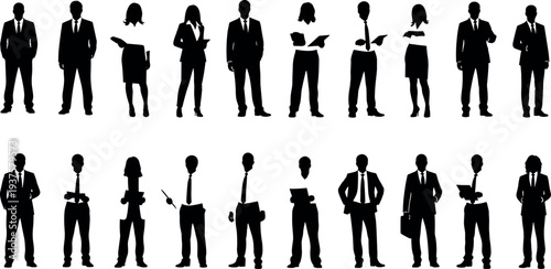 Business people silhouette collection isolated on white background, professional men and women standing, presenting and working, corporate team characters for office and business concept design