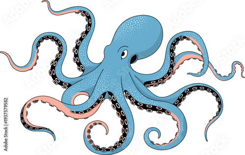 Blue octopus illustration with detailed tentacles and suction cups isolated vector sea creature design for marine life ocean wildlife and aquatic animals
