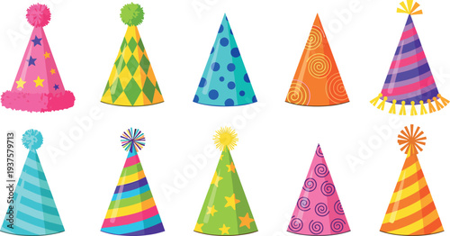 Colorful party hat collection with festive patterns and pom poms isolated vector set for birthday celebration carnival decoration and holiday event design