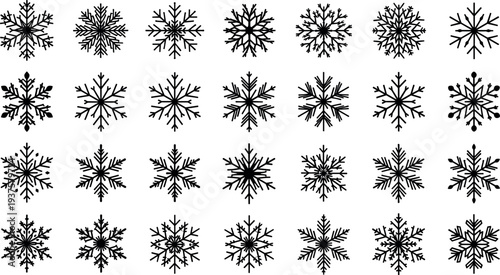 Collection of snowflake silhouettes isolated on white background, detailed winter frost crystal icons for Christmas decoration, seasonal patterns, holiday graphics, and cold weather design