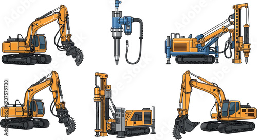 construction, machinery, excavator, drilling, rig, industrial, equipment, machine, engineering, mining, roadwork, heavy, vector, industry, builder, construction machinery, drilling rig, excavator 