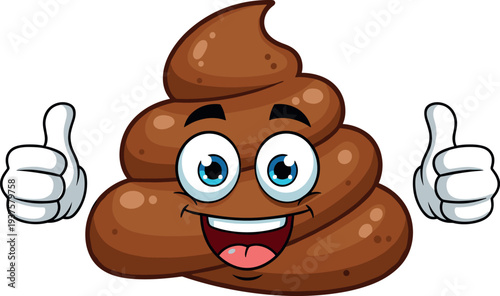 Funny poop emoji cartoon character with thumbs up gesture, smiling brown pile mascot illustration isolated on white background, humorous symbol for chat, stickers, and memes