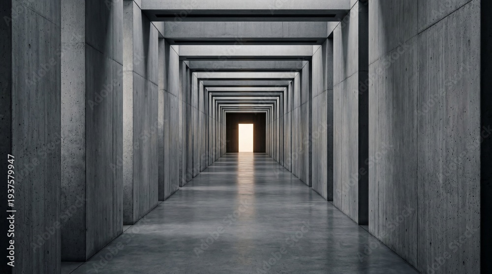 Fototapeta premium Minimalist Corridor: A long concrete corridor with repeating pillars leads to a bright light at the distant end.