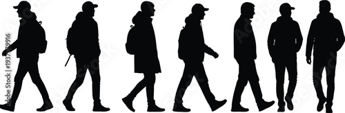 Set of black silhouettes of men walking with backpacks, male travelers and tourists in winter jackets, isolated vector illustration on white background (23 words)