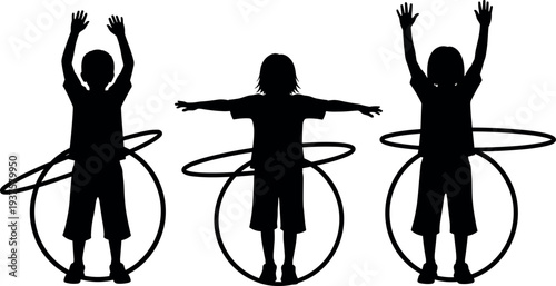 Kids playing with hula hoop silhouette set isolated vector illustration of children exercise activity fun movement and healthy outdoor play concept